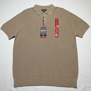 DKNY Sweater Polo Mens XL Beige 100% Cotton Short Sleeve Knit Pullover - NWT